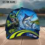 BlueJose Fishing Skull Angler Blue Neon Green Splash Personalized Name Classic 3D Cap (13 Breeds)