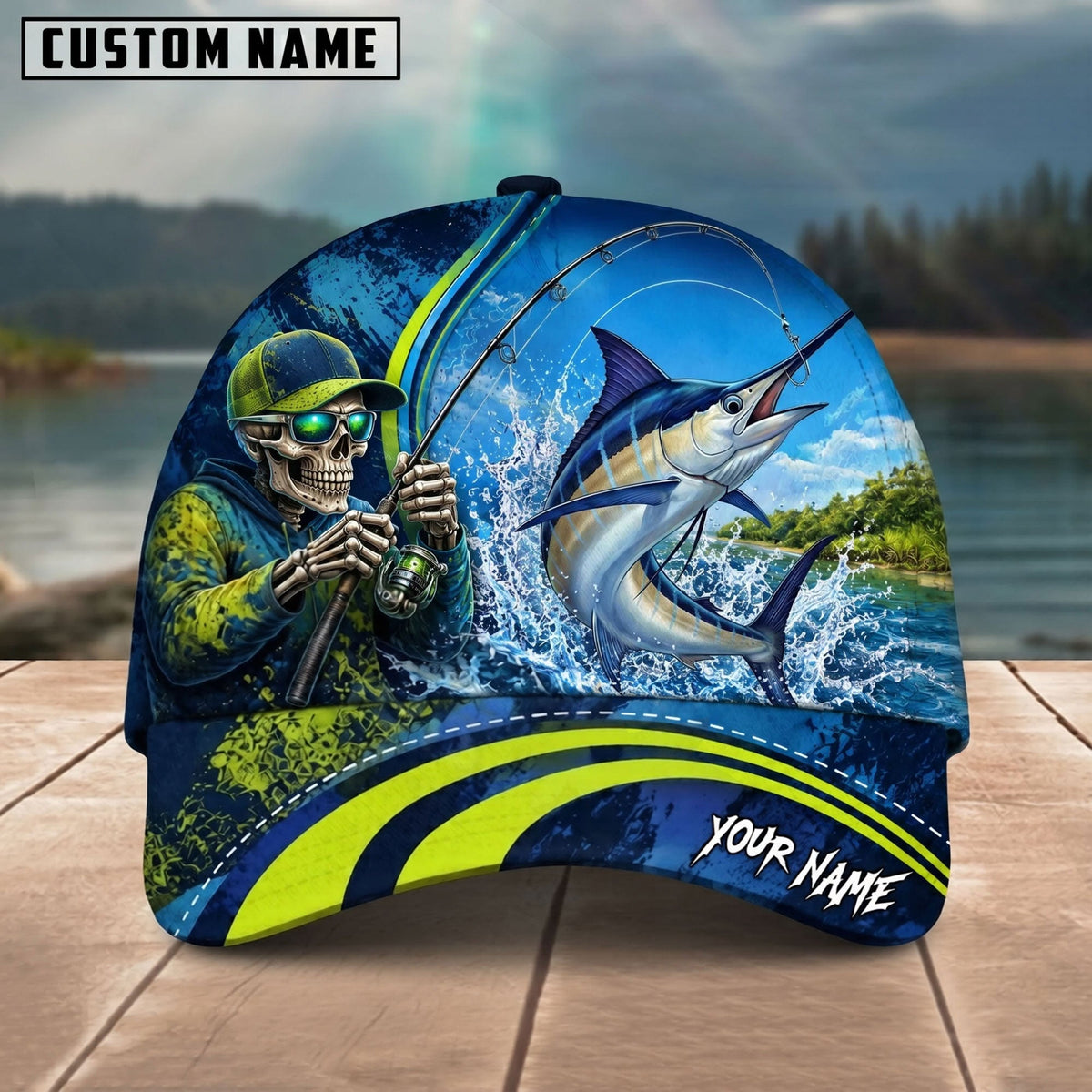 BlueJose Fishing Skull Angler Blue Neon Green Splash Personalized Name Classic 3D Cap (13 Breeds)