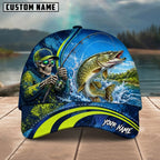 BlueJose Fishing Skull Angler Blue Neon Green Splash Personalized Name Classic 3D Cap (13 Breeds)