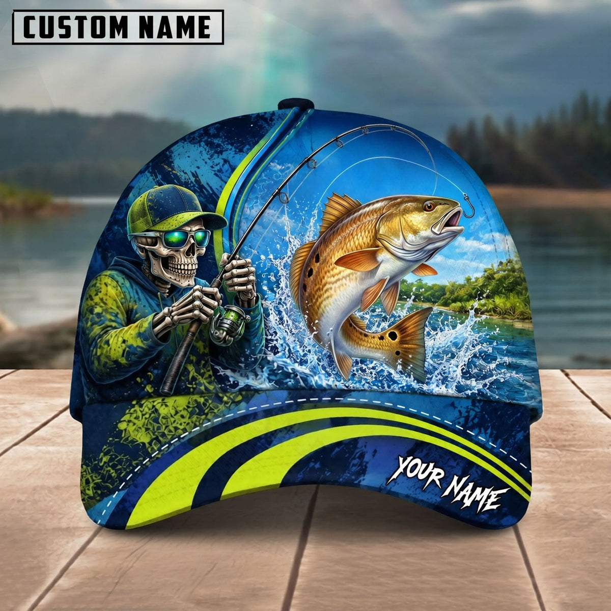 BlueJose Fishing Skull Angler Blue Neon Green Splash Personalized Name Classic 3D Cap (13 Breeds)