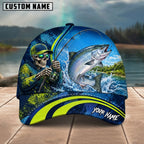 BlueJose Fishing Skull Angler Blue Neon Green Splash Personalized Name Classic 3D Cap (13 Breeds)