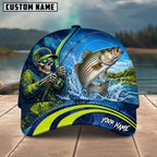 BlueJose Fishing Skull Angler Blue Neon Green Splash Personalized Name Classic 3D Cap (13 Breeds)
