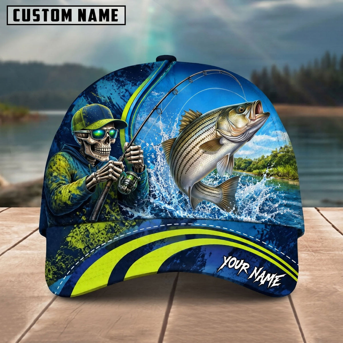 BlueJose Fishing Skull Angler Blue Neon Green Splash Personalized Name Classic 3D Cap (13 Breeds)
