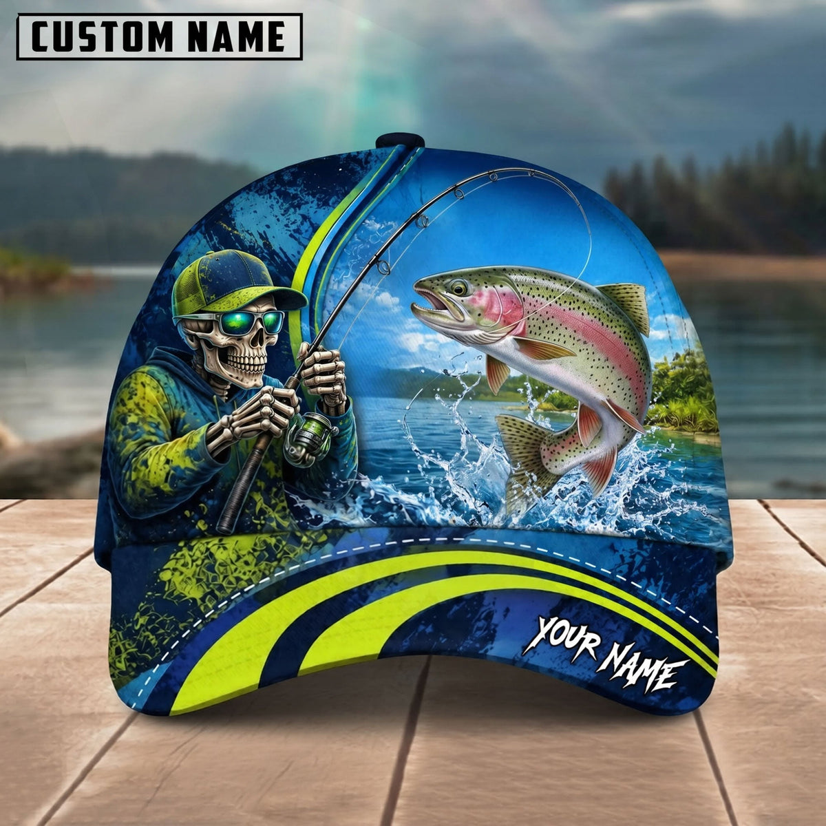 BlueJose Fishing Skull Angler Blue Neon Green Splash Personalized Name Classic 3D Cap (13 Breeds)