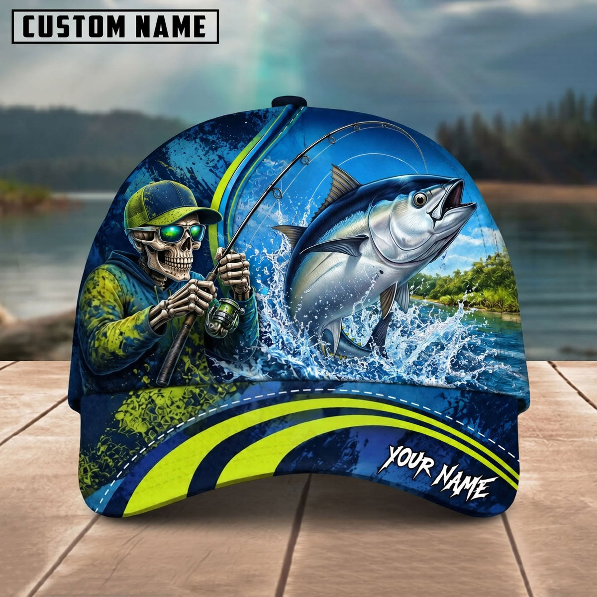 BlueJose Fishing Skull Angler Blue Neon Green Splash Personalized Name Classic 3D Cap (13 Breeds)