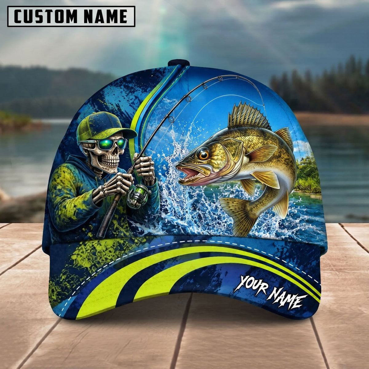 BlueJose Fishing Skull Angler Blue Neon Green Splash Personalized Name Classic 3D Cap (13 Breeds)