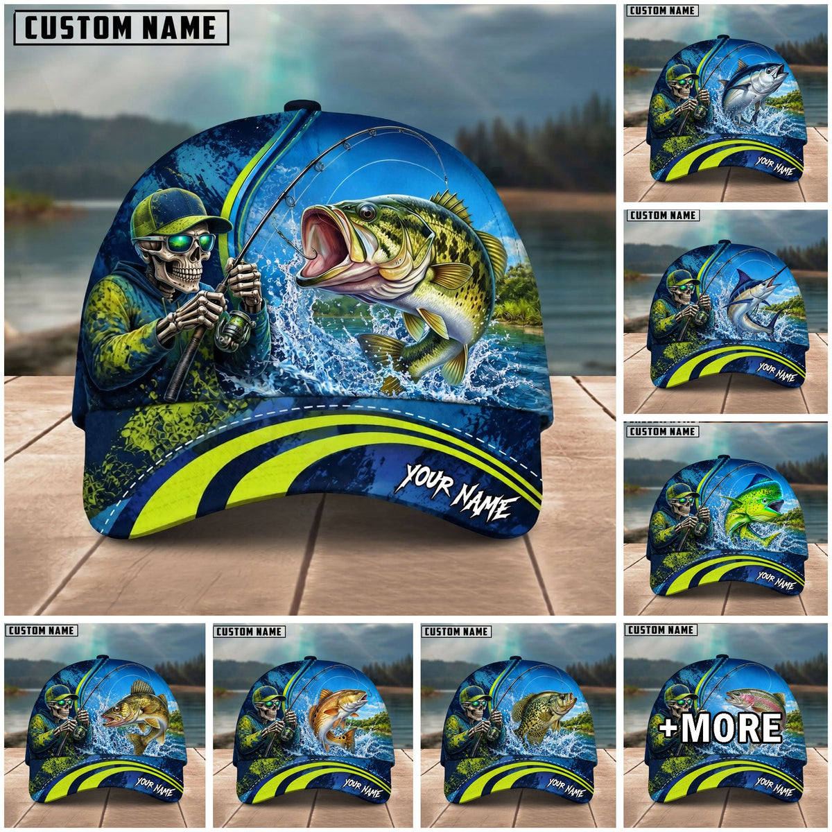 BlueJose Fishing Skull Angler Blue Neon Green Splash Personalized Name Classic 3D Cap (13 Breeds)