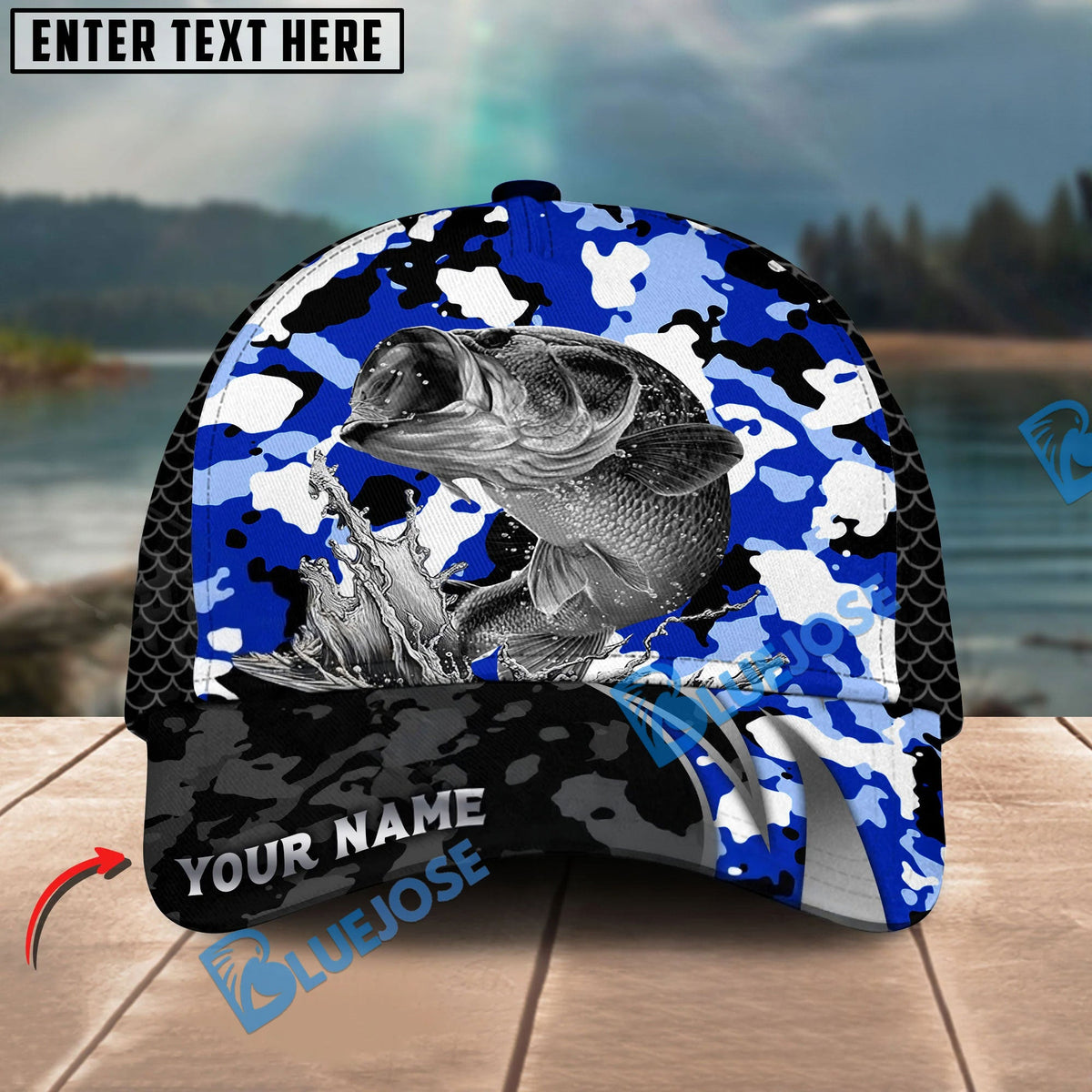 BlueJose Fishing Jumping Splash Blue Camo Design Personalized Cap (13 Breeds)
