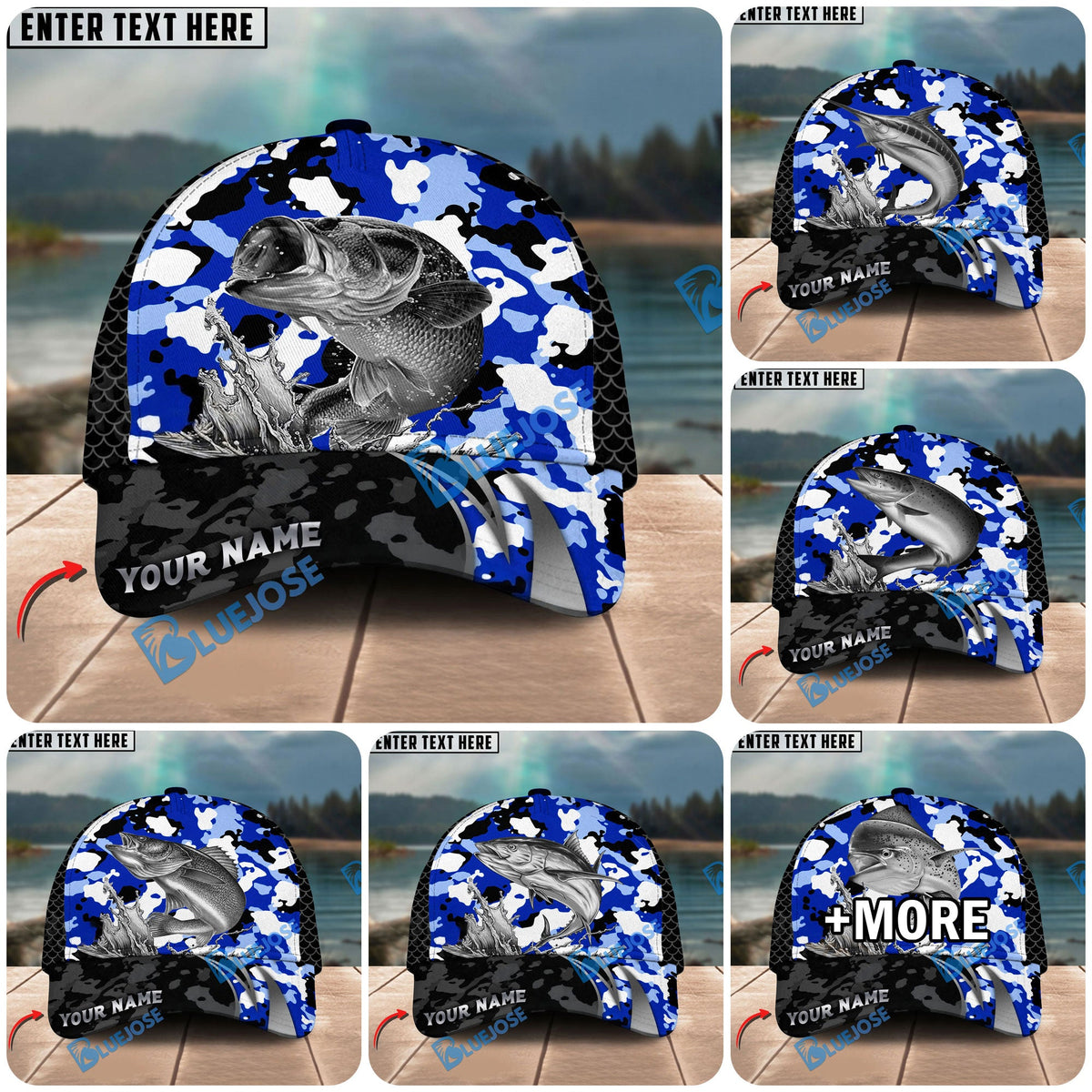 BlueJose Fishing Jumping Splash Blue Camo Design Personalized Cap (13 Breeds)