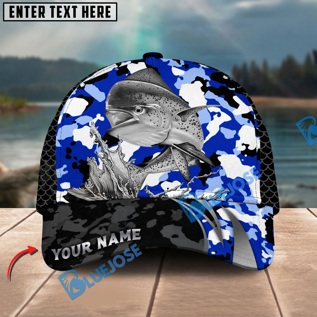 BlueJose Fishing Jumping Splash Blue Camo Design Personalized Cap (13 Breeds)