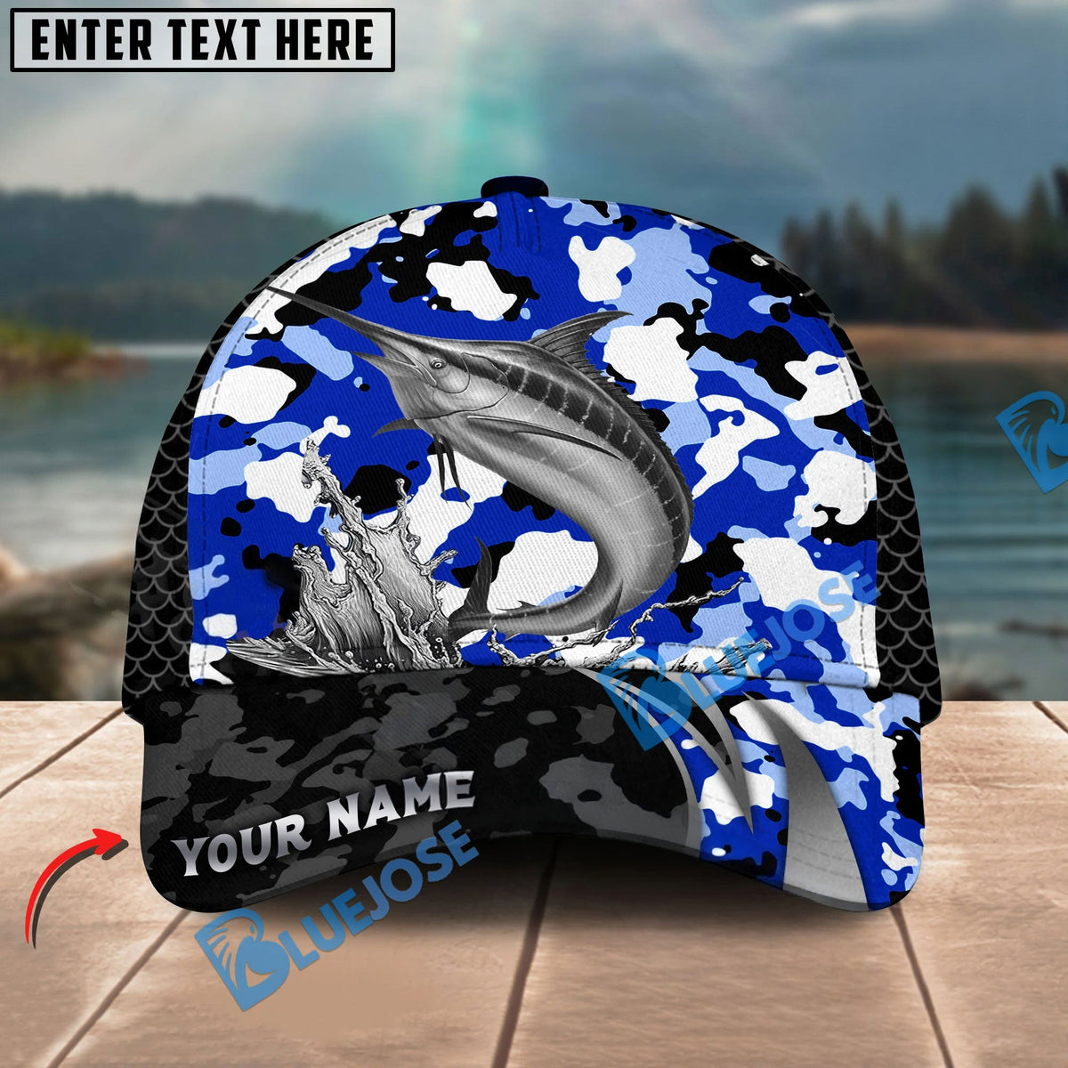 BlueJose Fishing Jumping Splash Blue Camo Design Personalized Cap (13 Breeds)
