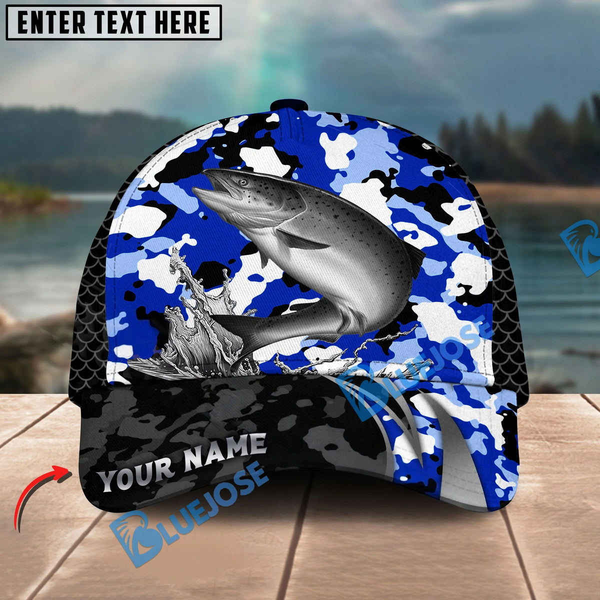 BlueJose Fishing Jumping Splash Blue Camo Design Personalized Cap (13 Breeds)