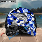 BlueJose Fishing Jumping Splash Blue Camo Design Personalized Cap (13 Breeds)