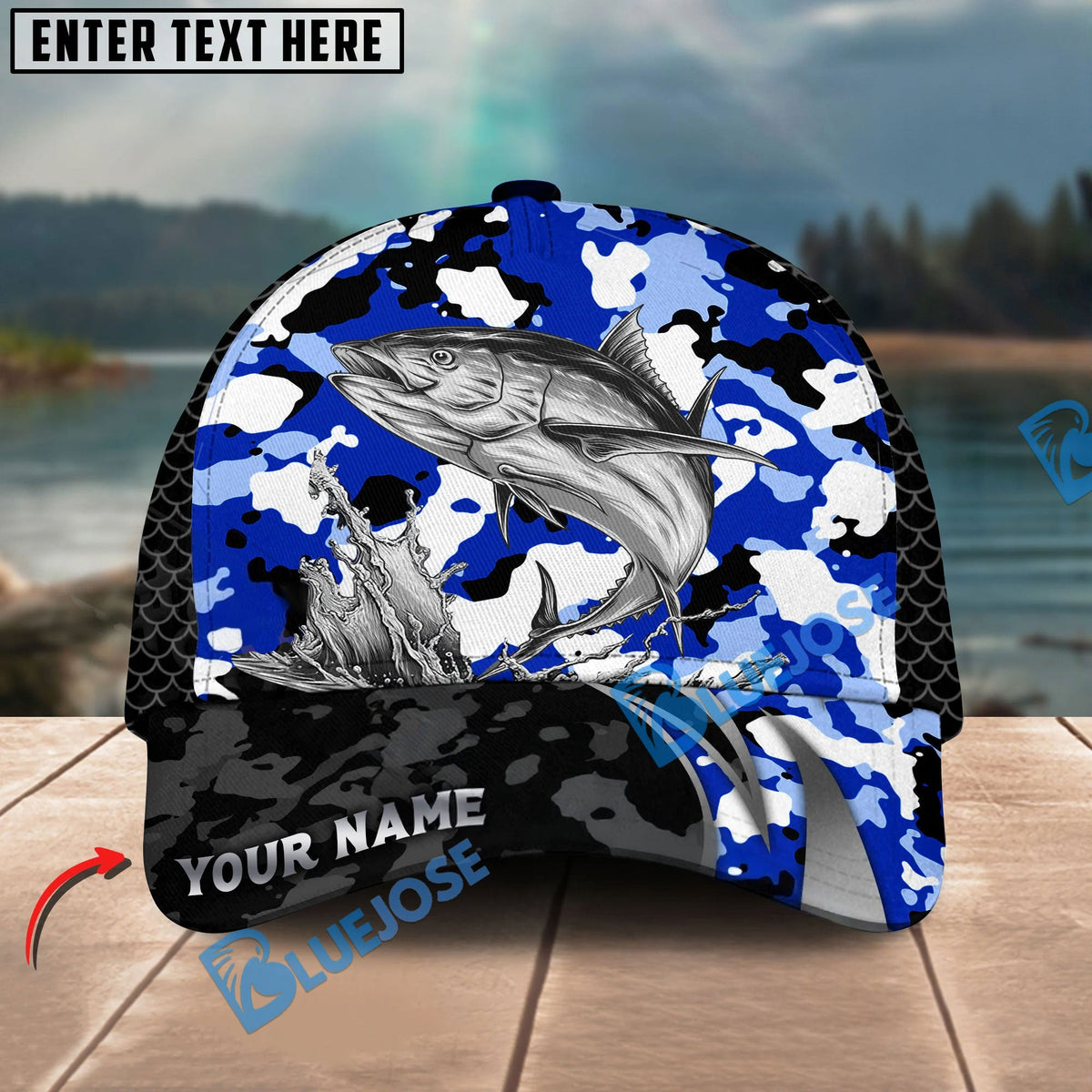BlueJose Fishing Jumping Splash Blue Camo Design Personalized Cap (13 Breeds)