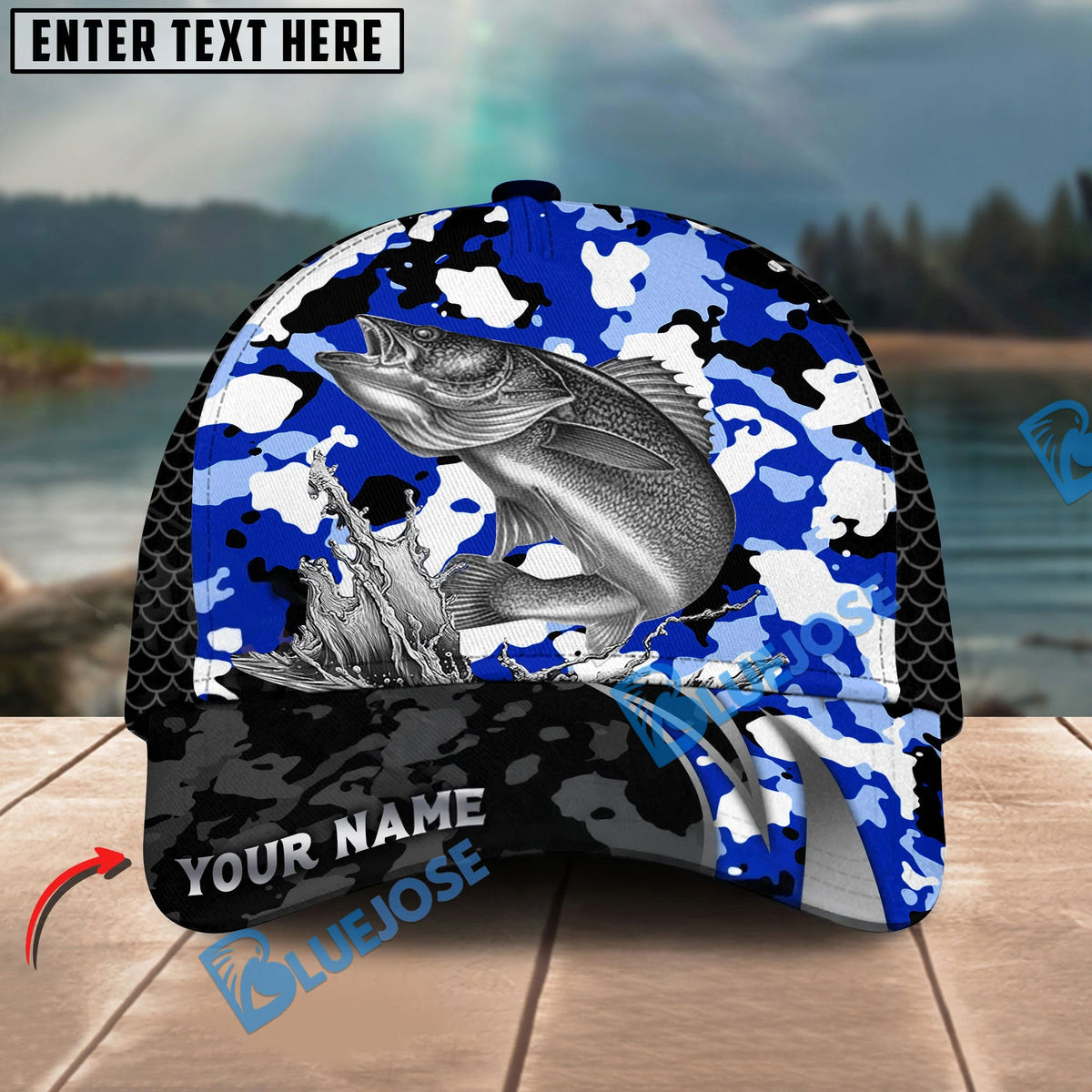 BlueJose Fishing Jumping Splash Blue Camo Design Personalized Cap (13 Breeds)