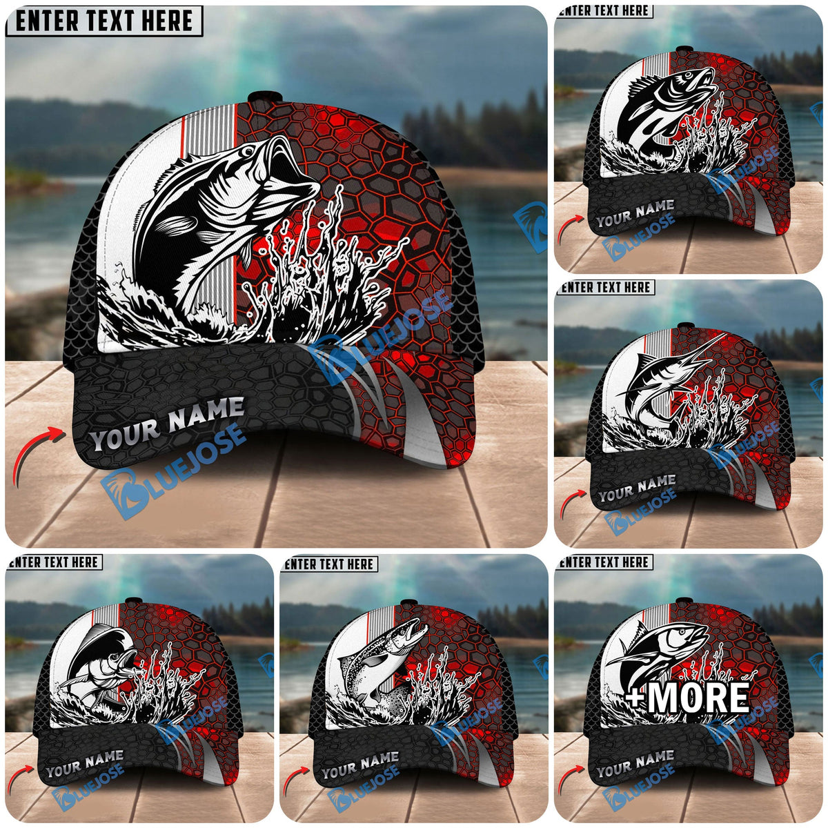 BlueJose Fishing Ocean Predator Splash Red Black Honeycomb Design Personalized Cap (13 Breeds)