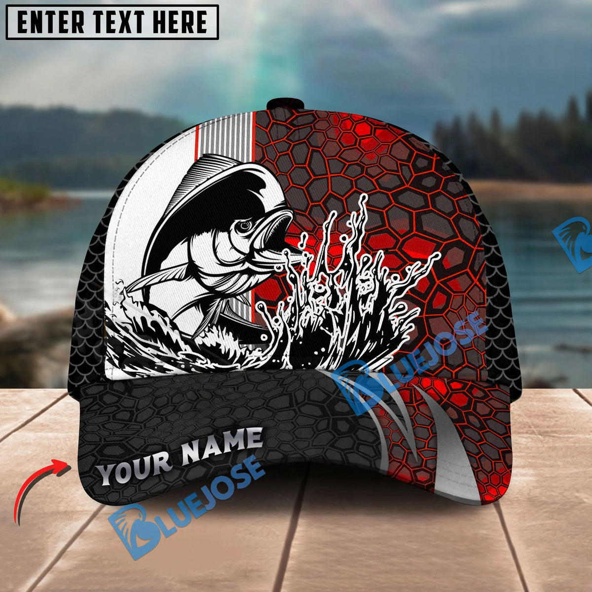 BlueJose Fishing Ocean Predator Splash Red Black Honeycomb Design Personalized Cap (13 Breeds)