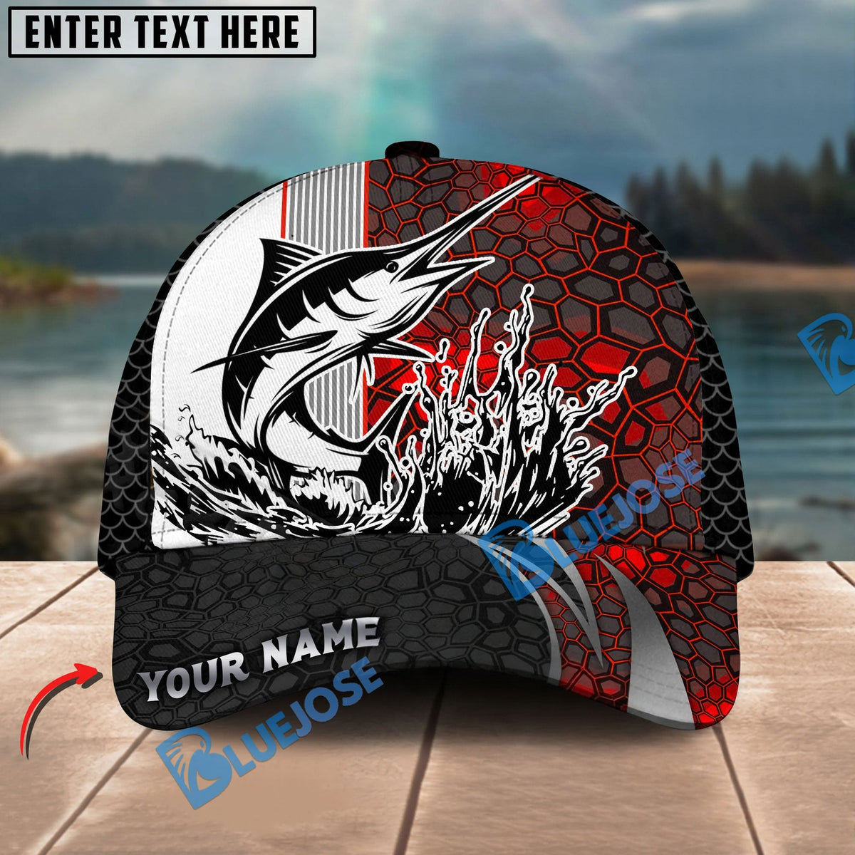 BlueJose Fishing Ocean Predator Splash Red Black Honeycomb Design Personalized Cap (13 Breeds)