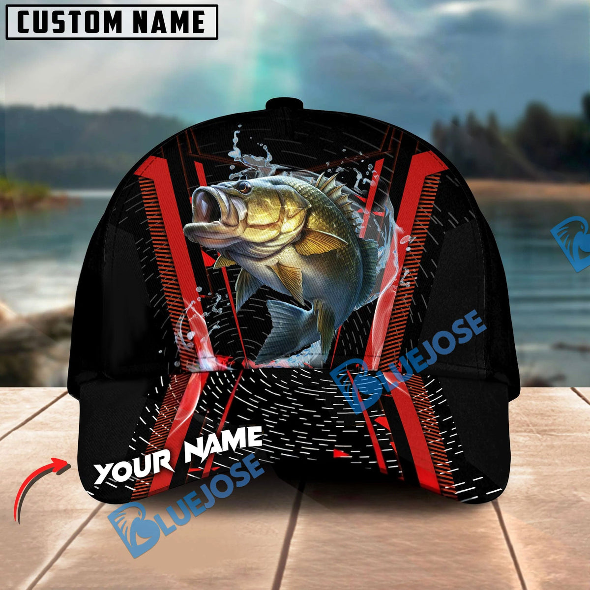 BlueJose Fishing Jumping Splash Action Red Black Tech Design Personalized Cap (13 Breeds)