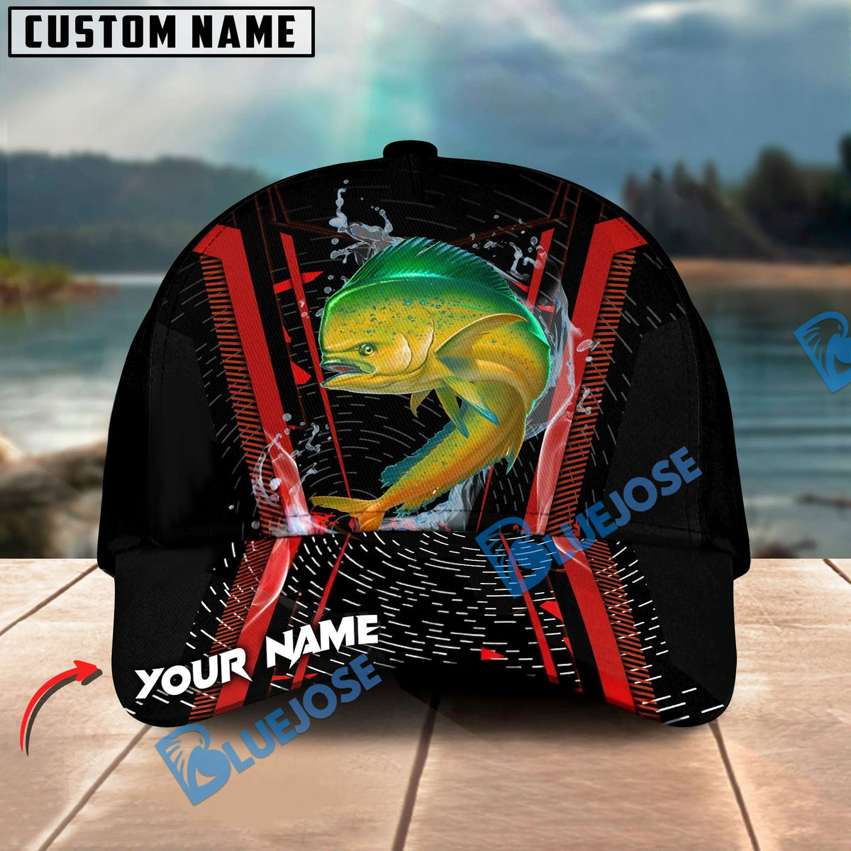 BlueJose Fishing Jumping Splash Action Red Black Tech Design Personalized Cap (13 Breeds)