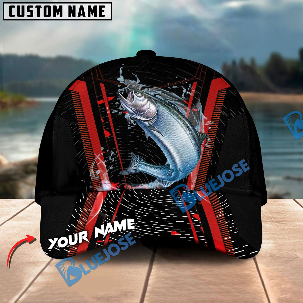 BlueJose Fishing Jumping Splash Action Red Black Tech Design Personalized Cap (13 Breeds)