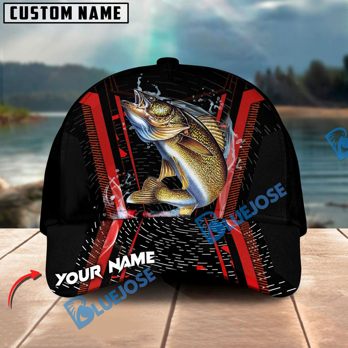 BlueJose Fishing Jumping Splash Action Red Black Tech Design Personalized Cap (13 Breeds)
