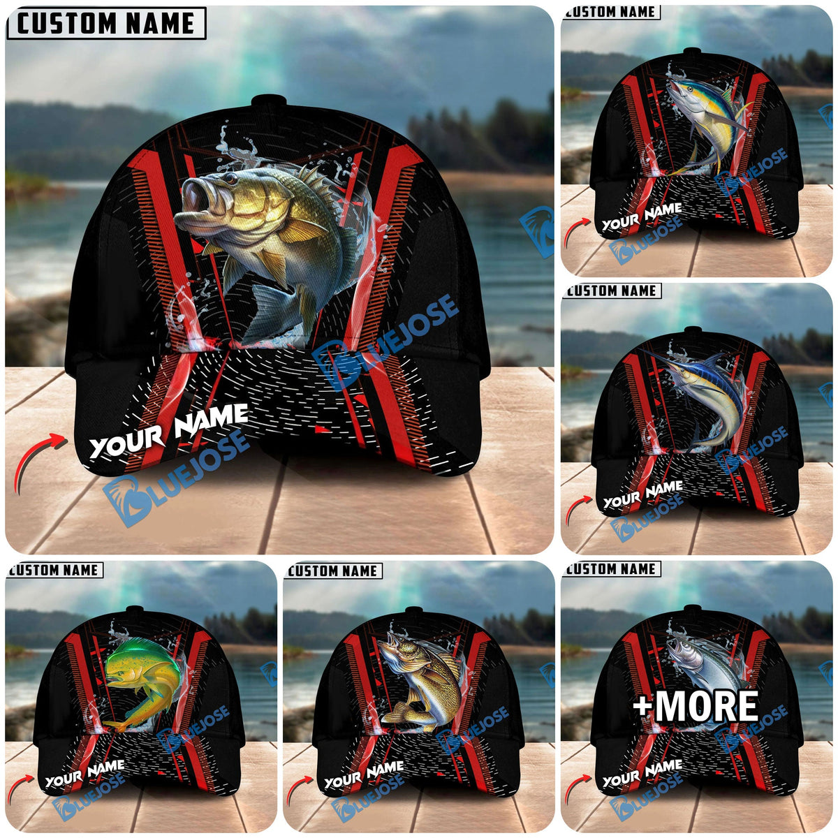 BlueJose Fishing Jumping Splash Action Red Black Tech Design Personalized Cap (13 Breeds)