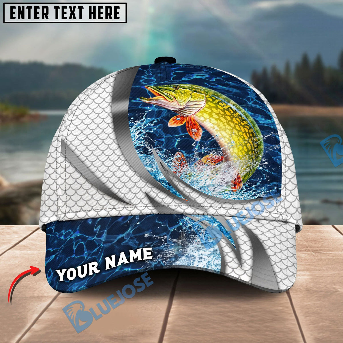 BlueJose Fishing Silver Scale Pattern Realistic Jumping Fish Water Splash Personalized Cap (13 Breeds)