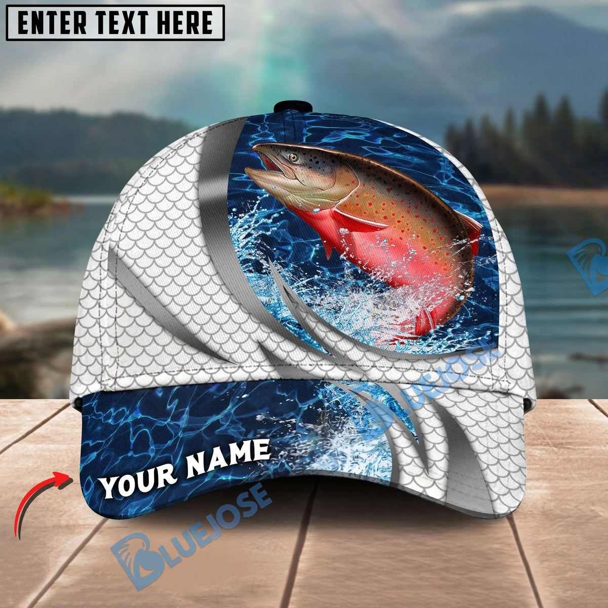 BlueJose Fishing Silver Scale Pattern Realistic Jumping Fish Water Splash Personalized Cap (13 Breeds)