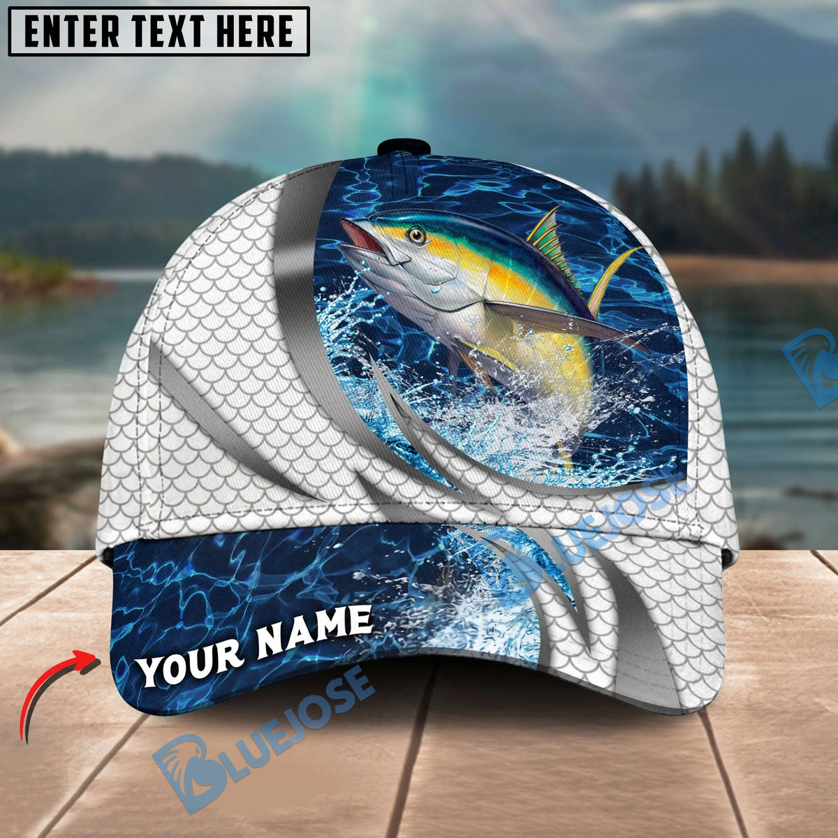 BlueJose Fishing Silver Scale Pattern Realistic Jumping Fish Water Splash Personalized Cap (13 Breeds)