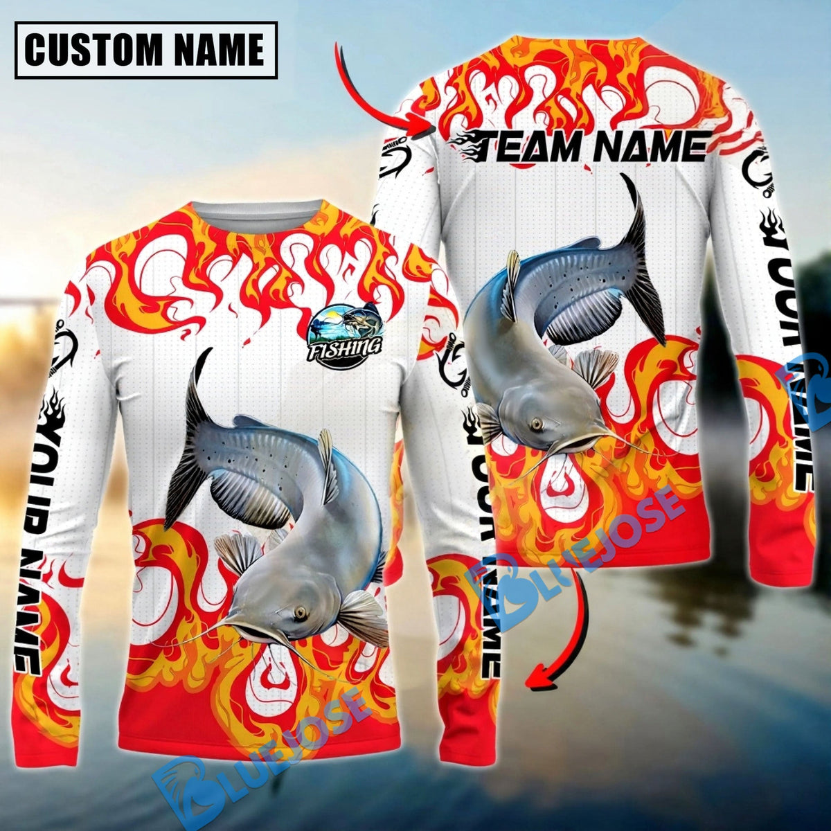 BlueJose Catfish Fishing Burning White Custom Name & Team Name 3D Shirts