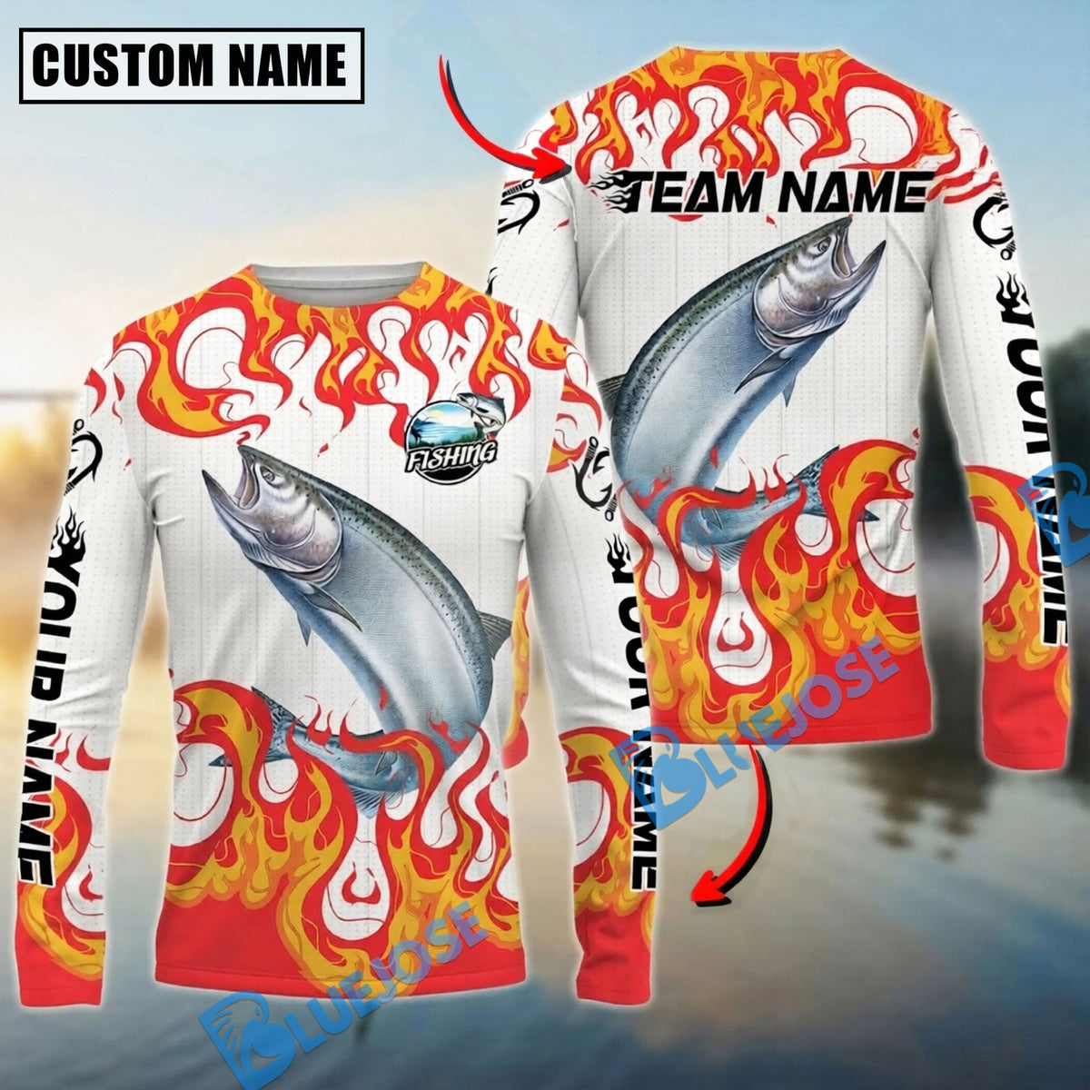 BlueJose Chinook Salmon Fishing Burning White Custom Name & Team Name 3D Shirts