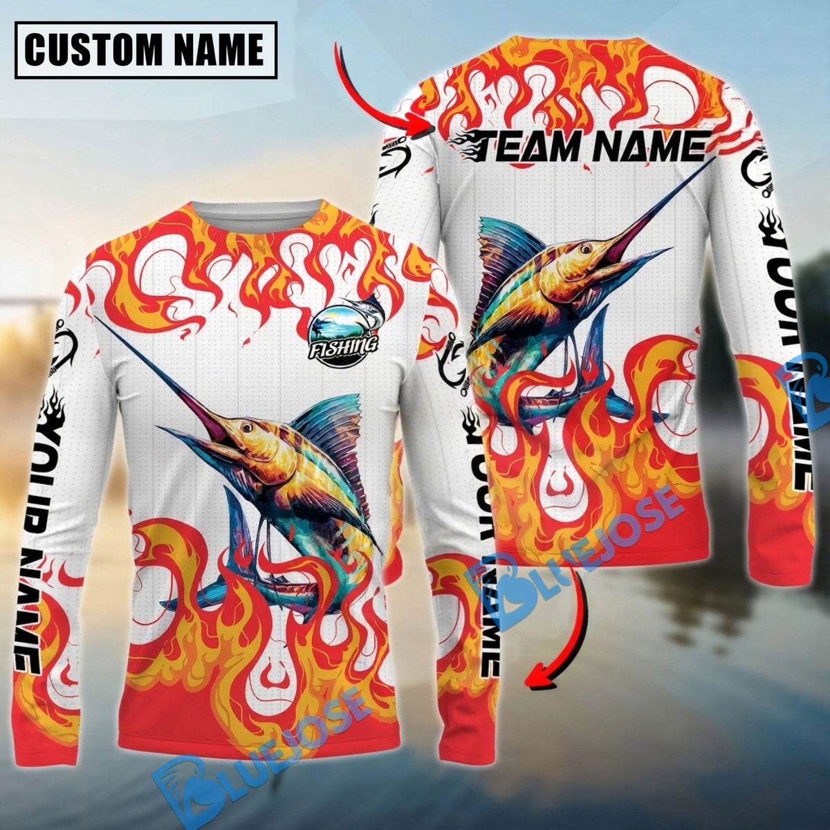 BlueJose Marlin Fishing Burning White Custom Name & Team Name 3D Shirts