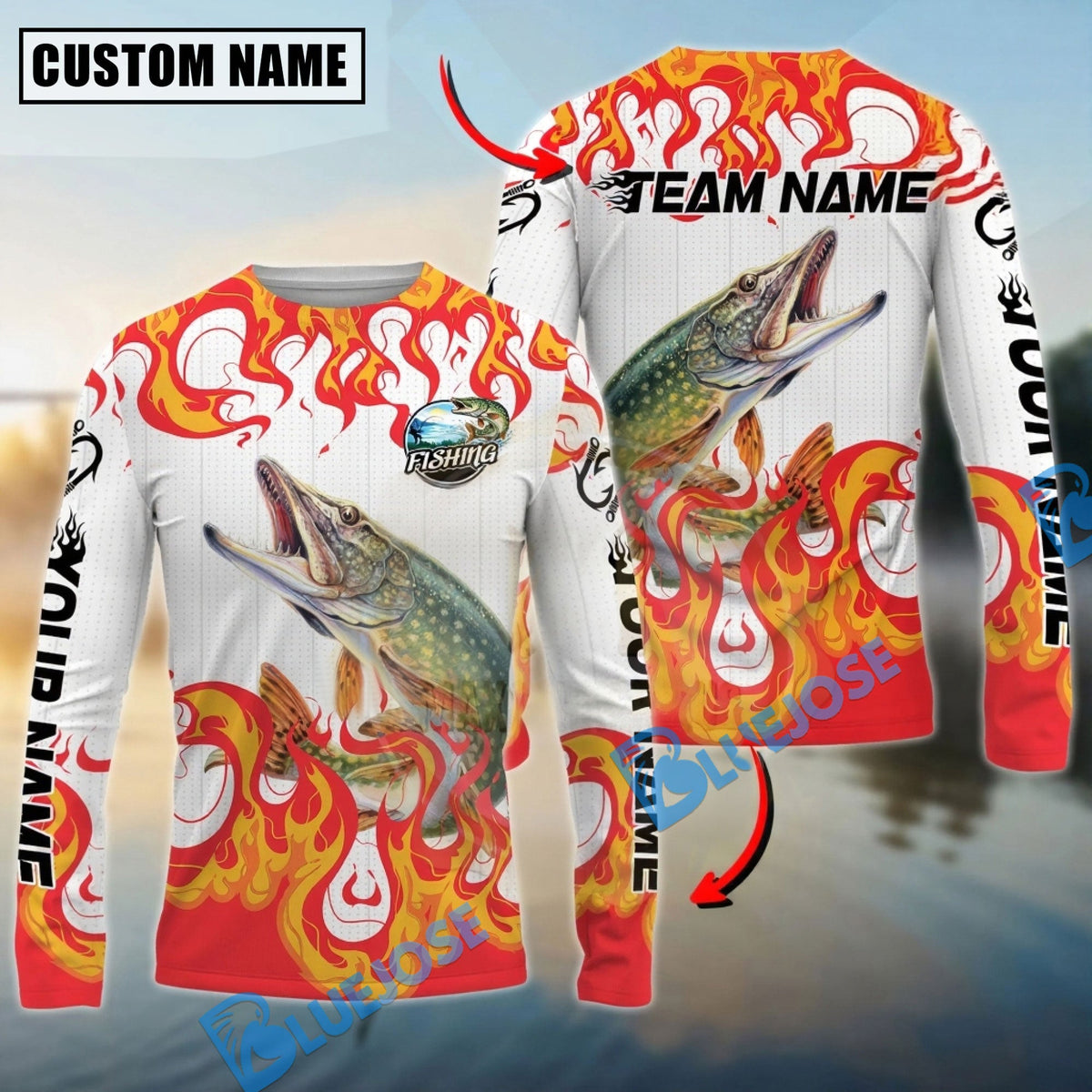 BlueJose Pike Fishing Burning White Custom Name & Team Name 3D Shirts