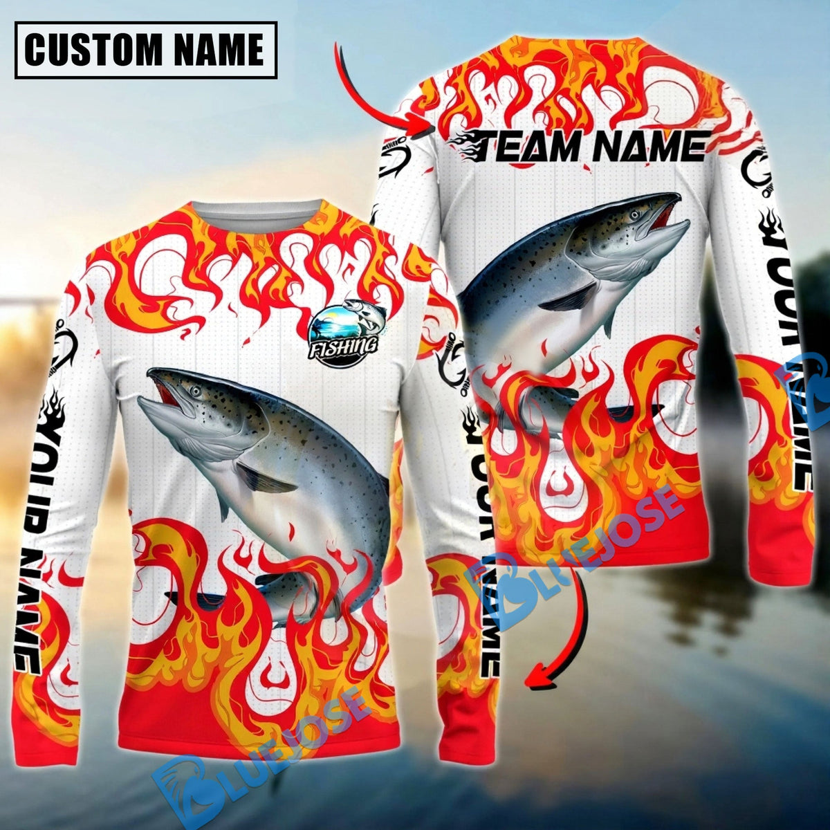 BlueJose Salmon Fishing Burning White Custom Name & Team Name 3D Shirts
