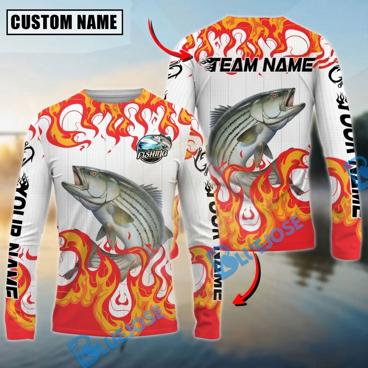 BlueJose Striped Bass Fishing Burning White Custom Name & Team Name 3D Shirts