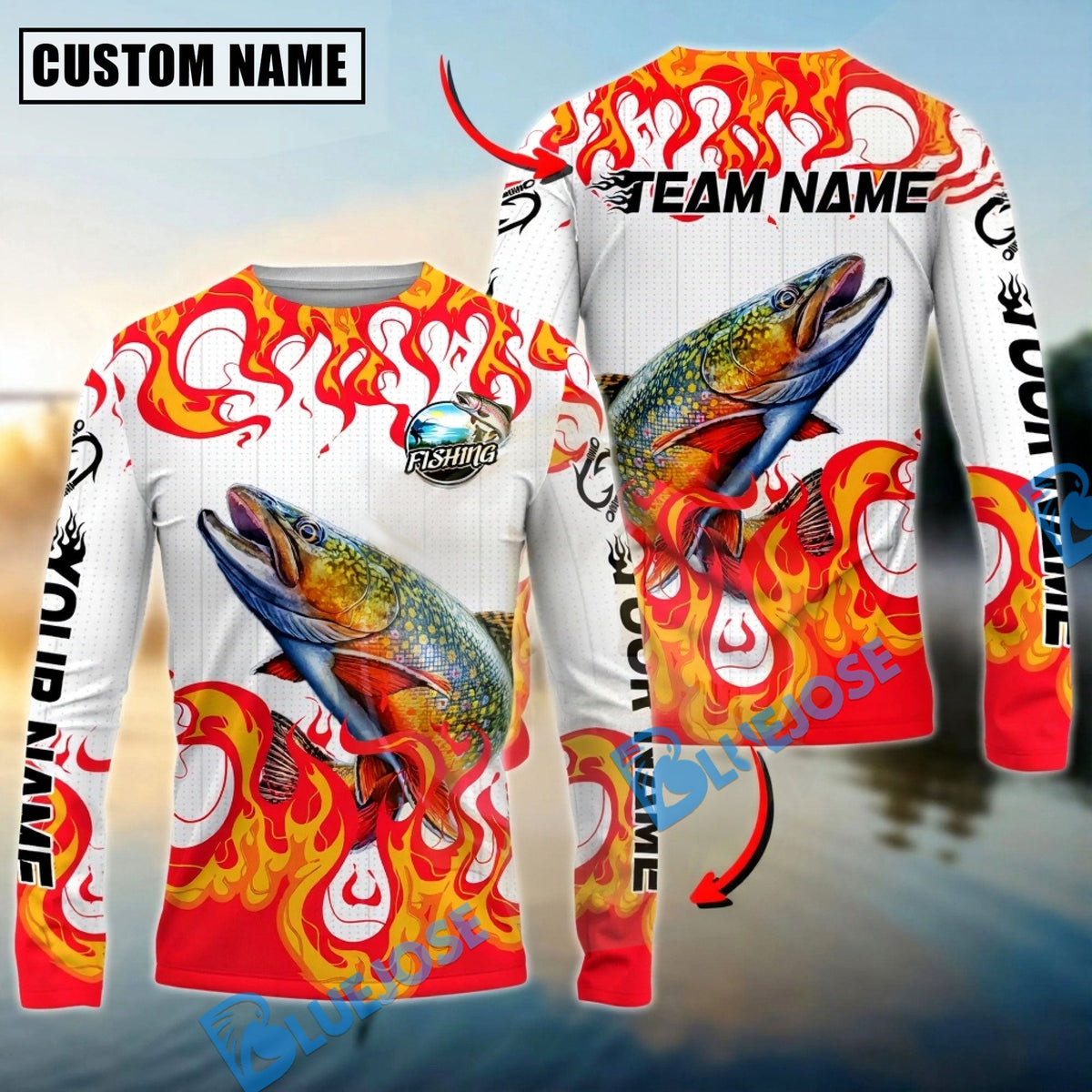 BlueJose Trout Fishing Burning White Custom Name & Team Name 3D Shirts