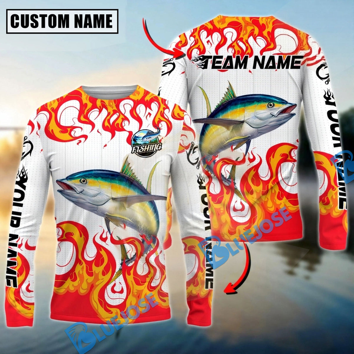 BlueJose Tuna Fishing Burning White Custom Name & Team Name 3D Shirts