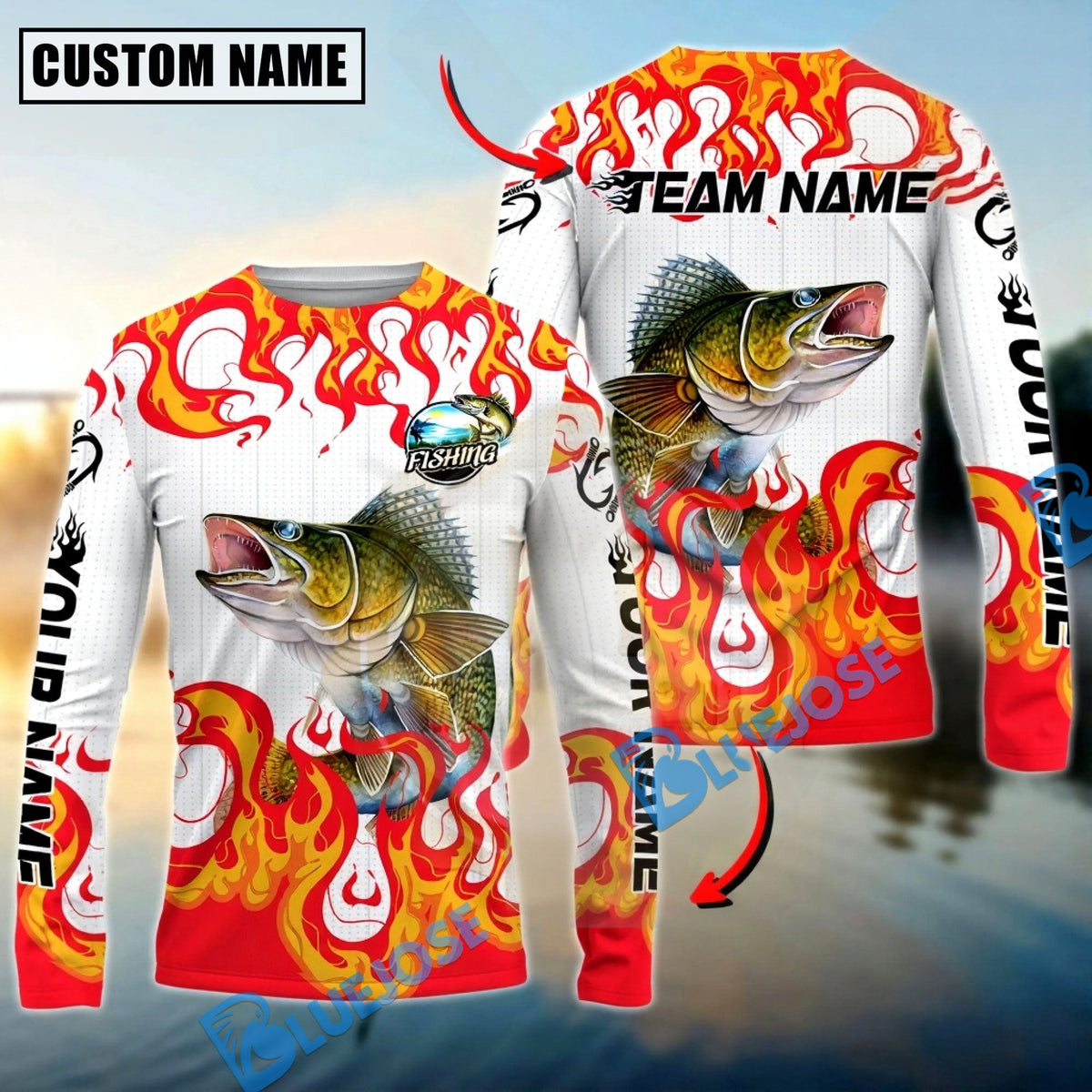 BlueJose Walleye Fishing Burning White Custom Name & Team Name 3D Shirts