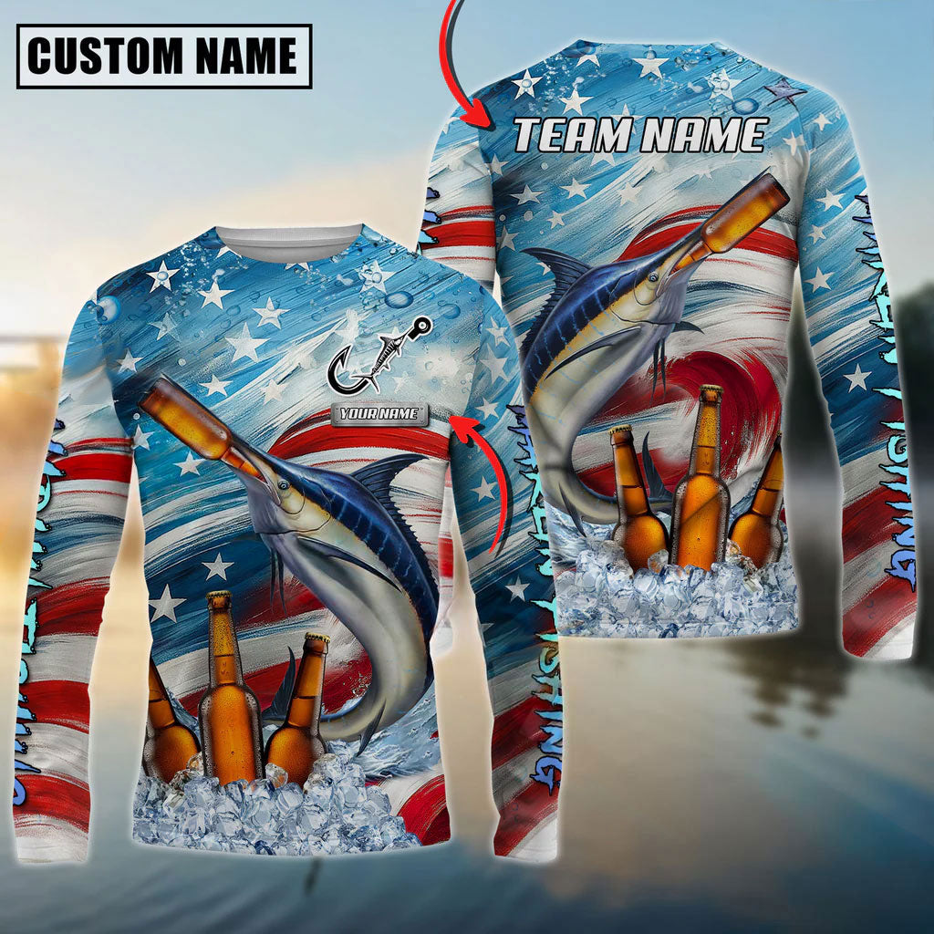 BlueJose Marlin Fishing Beer & Usa Flag Graphic Custom Name & Team Name 3D Shirts
