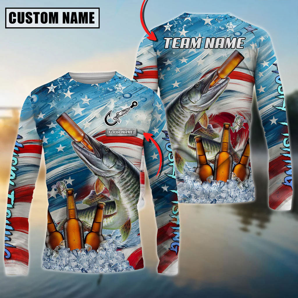 BlueJose Musky Fishing Beer & Usa Flag Graphic Custom Name & Team Name 3D Shirts