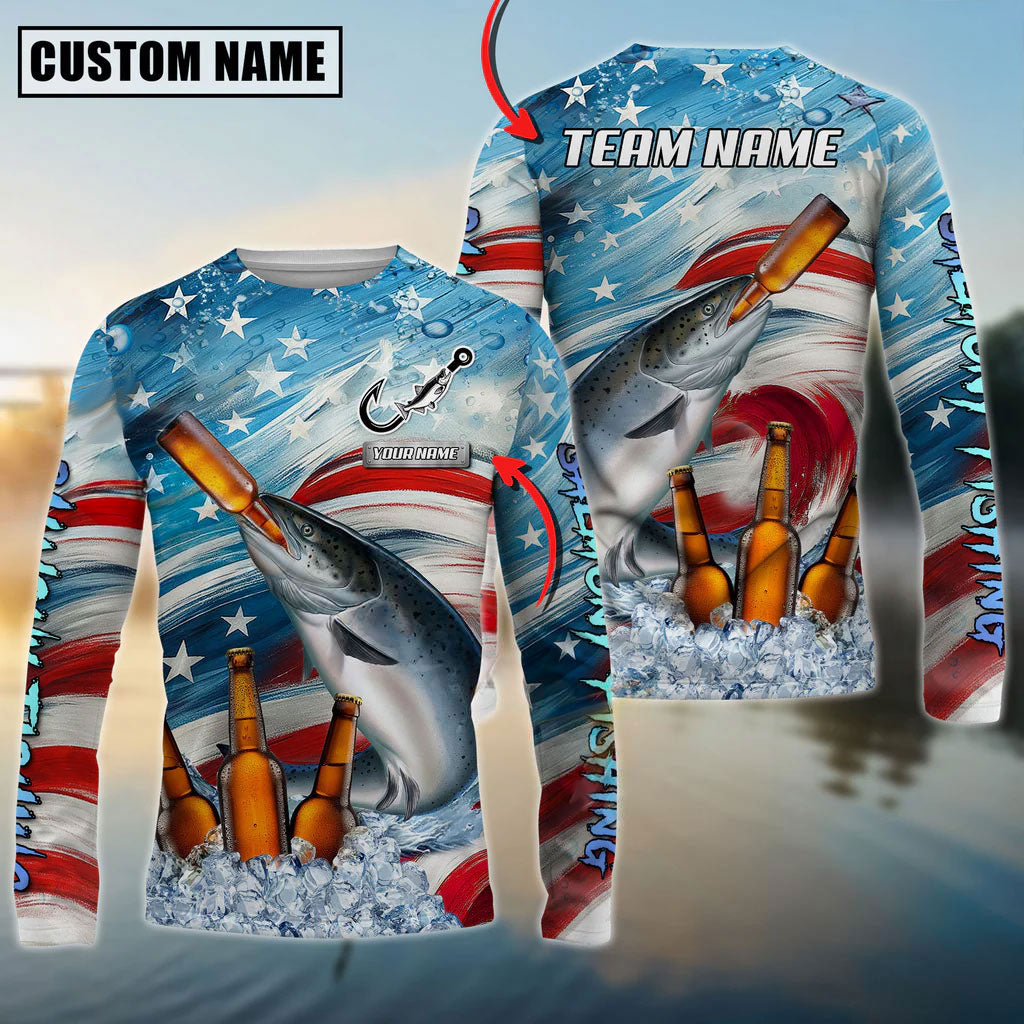BlueJose Salmon Fishing Beer & Usa Flag Graphic Custom Name & Team Name 3D Shirts