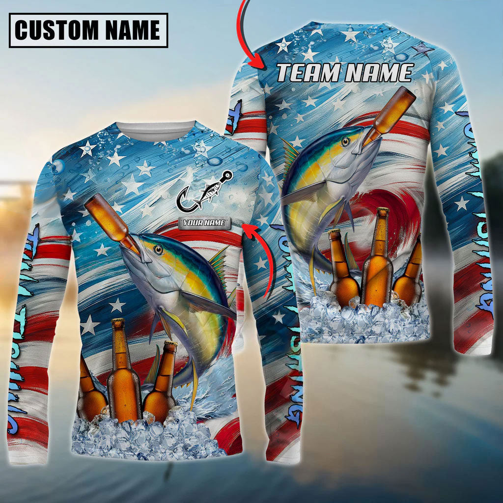 BlueJose Tuna Fishing Beer & Usa Flag Graphic Custom Name & Team Name 3D Shirts