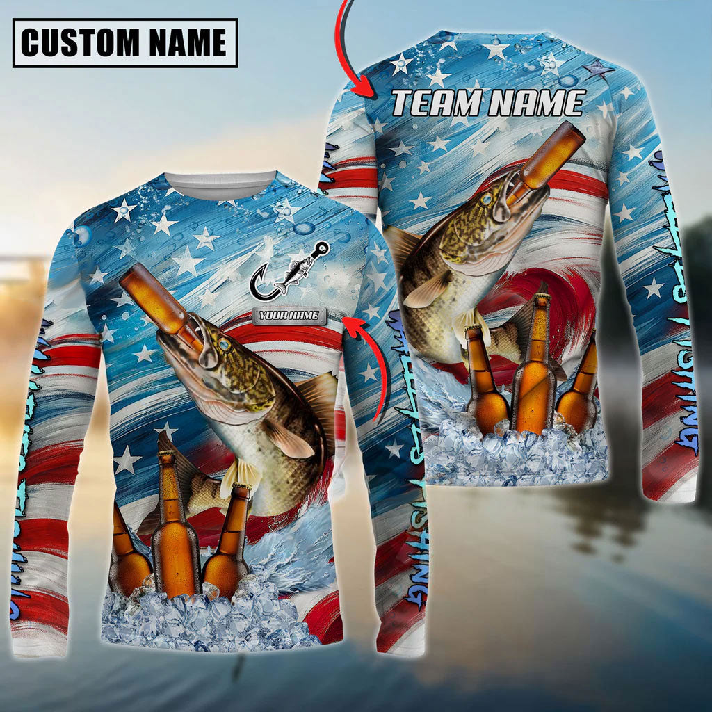 BlueJose Walleye Fishing Beer & Usa Flag Graphic Custom Name & Team Name 3D Shirts
