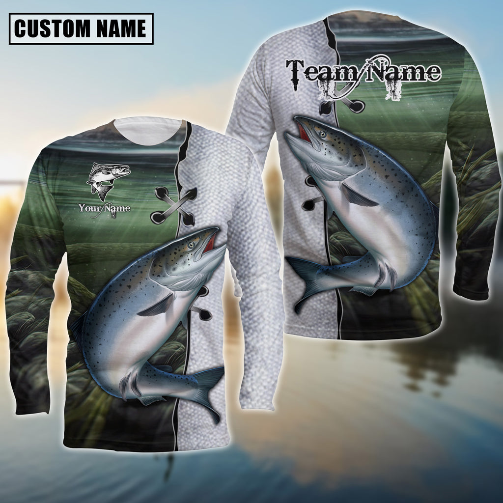 BlueJose Salmon Fishing Water Skin Pattern Custom Name & Team Name 3D Shirts