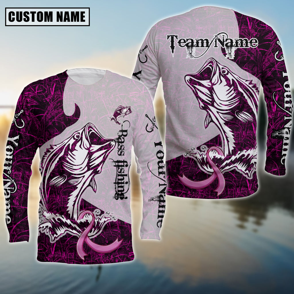 BlueJose Bass Fishing Breast Cancer Ribbon Pink Camo Custom Name & Team Name 3D Shirts