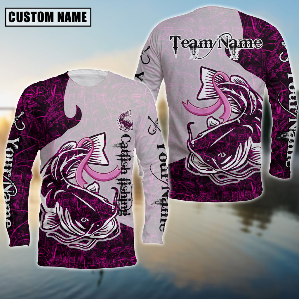 BlueJose Catfish Fishing Breast Cancer Ribbon Pink Camo Custom Name & Team Name 3D Shirts