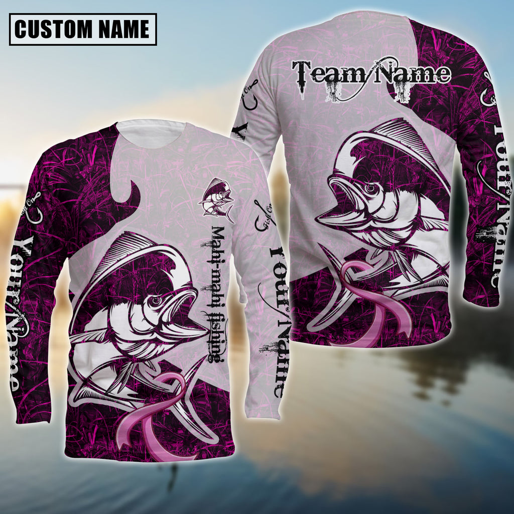 BlueJose Mahi-Mahi Fishing Breast Cancer Ribbon Pink Camo Custom Name & Team Name 3D Shirts