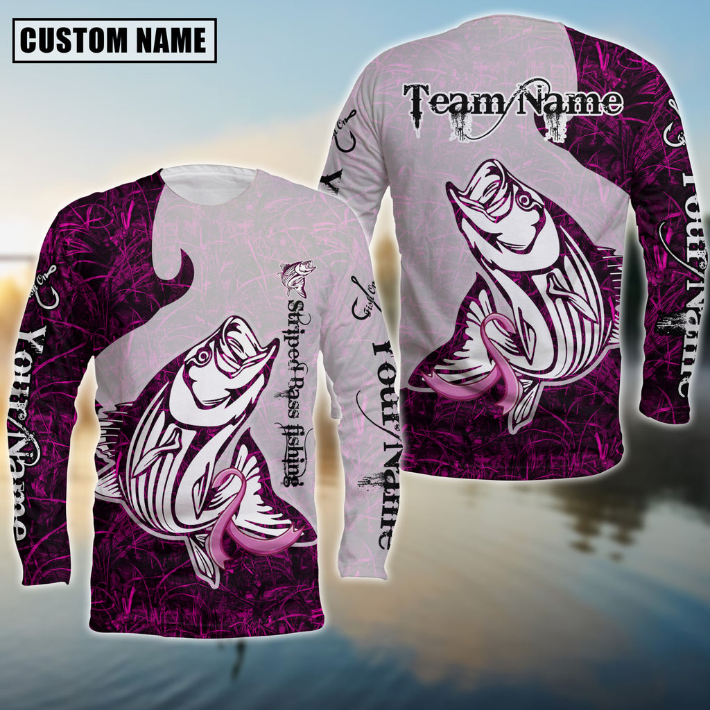 BlueJose Striped Bass Fishing Breast Cancer Ribbon Pink Camo Custom Name & Team Name 3D Shirts