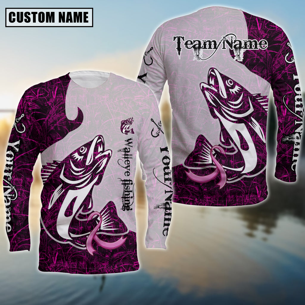BlueJose Walleye Fishing Breast Cancer Ribbon Pink Camo Custom Name & Team Name 3D Shirts